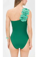 Costume da bagno verde monospalla con fiori 3D