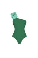 Costume da bagno verde monospalla con fiori 3D