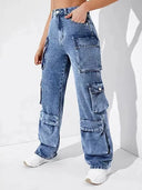 Yüksek Bel Denim Kargo