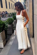 Boho Fringed White Maxi Dress with Pockets