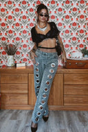 Jeans mit Leoparden-Print und Ösen