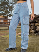 Yıkanmış Çok Cepli Denim Pantolon