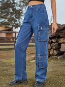 Pantaloni din denim spălat cu buzunare multiple
