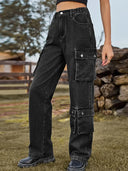 Yıkanmış Çok Cepli Denim Pantolon