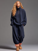 Afslappet marineblå fleece med halv lynlås sweatshirt og bukser sports sæt