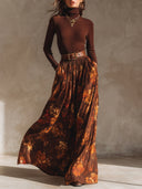 Retro Turtleneck Knitted Top & Printed Long Skirt Set With Belt