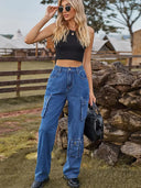 Pantaloni din denim spălat cu buzunare multiple