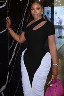 Ruched Black-White Cutout Bodycon Maxi Dress
