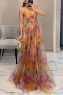 Painted Floral Print V-Neck A-Line Maxi Dress