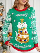 Jule langærmet kat applikation rund hals sweater