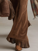 Pantalones acampanados marrones retro versátiles de ante sintético con borlas