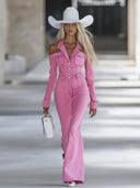 Moderne personliggjort pink denim jumpsuit med revers, off-shoulder, lange ærmer og vidde