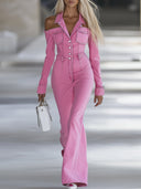 Tuta alla moda personalizzata in denim rosa con scollo a barca, maniche lunghe e pantaloni svasati