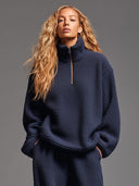Afslappet marineblå fleece med halv lynlås sweatshirt og bukser sports sæt