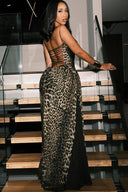 Abito lungo corsetto trasparente con stampa leopardo selvaggio