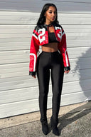 Chaqueta de cuero sintético para motociclista con bordado
