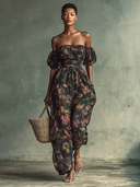 Dame chiffon jumpsuit med blomsterprint, bandeau, korte ærmer og talje