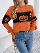 Pletený svetr s kulatým výstřihem a halloweenskou dýňovou hlavou v barevném bloku