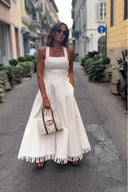 Abito Maxi Bianco Boho con Frange e Tasche