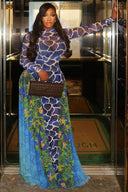 Exotic Blue Print Turtle Neck Maxi Dress