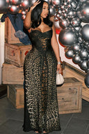 Abito lungo corsetto trasparente con stampa leopardo selvaggio