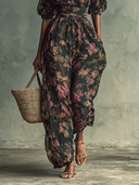Dame chiffon jumpsuit med blomsterprint, bandeau, korte ærmer og talje