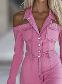 Moderne personliggjort pink denim jumpsuit med revers, off-shoulder, lange ærmer og vidde