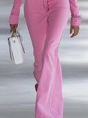Moderne personliggjort pink denim jumpsuit med revers, off-shoulder, lange ærmer og vidde
