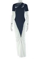 Ruched Black-White Cutout Bodycon Maxi Dress