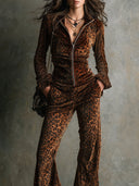Vintage fløjl leopard print ståkrave top og flare bukser sæt
