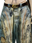 Plato-geverfde geborduurde scimitar jeans