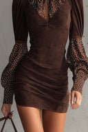Braunes Kunstwildleder Bodycon Kleid mit Satin Polka Dots
