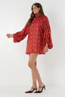 Boho Hochkragen Laternenärmel Minikleid
