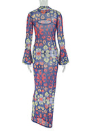 Indigo Retro Blush Art-Pattern Maxi Dress