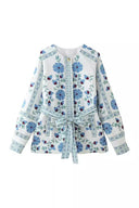 Veste décontractée à fleurs de rue avec lacets, boutons, patchwork et col rond