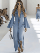 Tuta casual retrò in denim azzurro chiaro con maniche lunghe, gamba larga e orlo grezzo