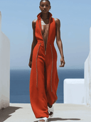 Tuta casual retrò rossa in cotone e lino con zip, senza maniche, vita elasticizzata e pantaloni a gamba larga