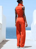 Casual retro rød bomuld- og linned jumpsuit med lynlås, ærmeløs, elastisk talje og vide ben