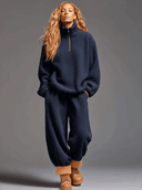Afslappet marineblå fleece med halv lynlås sweatshirt og bukser sports sæt