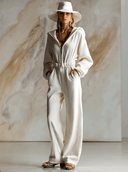Casual løs moderne hvid kordfløjls jumpsuit med hætte, frontlynlås og lange ærmer