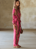 Casual løs rosenrød chiffon jumpsuit med leopardprint og lange ærmer