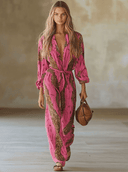 Tuta casual larga in chiffon rosso rosa con stampa leopardata e maniche lunghe