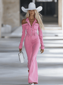 Tuta alla moda personalizzata in denim rosa con scollo a barca, maniche lunghe e pantaloni svasati