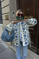 Veste décontractée à fleurs de rue avec lacets, boutons, patchwork et col rond