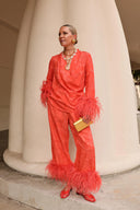 Coral Jacquard Wrap Feather Cuff Top