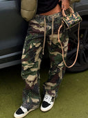 Camo Rhinestone Drawstring Cargo Pants