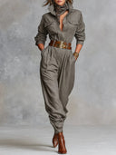 Tuta camicia a maniche lunghe in misto cotone e lino