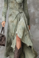 Vintage Sage Green Tie-Dye Pocket Slim Suede Maxi Dress