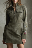 Green Embroidered Faux Suede Half-zip Mini Dress