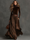Conjunto vintage de blusa de terciopelo con cuello alto y falda con estampado de leopardo